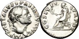 Vespasian (69-79). AR Denarius, 69-71 AD. D/ IMP CAESAR VESPASIAN AVG. Laureate head right. R/ COS ITER TR POT. Pax seated left, holding branch and ca...