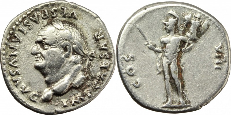 Vespasian (69-79). AR Denarius, 77-78 AD. D/ IMP CAESAR VESPASIANVS AVG. Laureat...