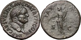 Vespasian (69-79). AE Sestertius, 71 AD. D/ IMP CAES VESPAS AVG PM TR P PP COS III. Laureate head right. R/ PAX AVGVSTI SC. Pax standing left, holding...