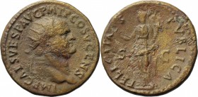Vespasian (69-79). AE Dupondius, 74 AD. D/ IMP CAES VESP AVG PMT P COS V CENS. Radiate bust right. R/ FELICITAS PVBLICA SC. Felicitas standing facing,...