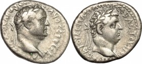 Vespasian (69-79) with Titus. AR Didrachm. Struck AD 76-77. Cappadocia, Caesarea-Eusebia. D/ ΑΥΤΟΚΡΑ ΚΑΙCΑΡ ΟΥΕCΠΑCΙΑΝΟC CΕΒΑCΤΟC. Laureate head of Ve...