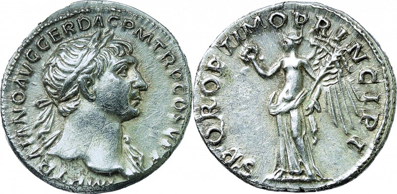 Trajan (98-117). AR Denarius, 114-117 AD. D/ IMP TRAIANO AVG GER DAC P M TR P CO...