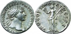 Trajan (98-117). AR Denarius, 114-117 AD. D/ IMP TRAIANO AVG GER DAC P M TR P COS V P P. Laureate bust right, slight drapery on left shoulder. R/ S P ...