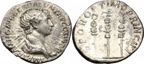 Trajan (98-117). AR Denarius, 112-114 AD. D/ IMP TRAIANO AVG GER DAC PM TR P COS VI PP. Laureate, draped and cuirassed bust right. R/ SPQR OPTIMO PRIN...