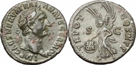 Trajan (98-117). AE As, 99-100 AD. D/ IMP CAES NERVA TRAIAN AVG GERM PM. Laureate head right. R/ TR POT COS III PP SC. Victory walking left, holding p...