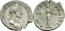 Hadrian (117-138). AR Denarius, 119-122 AD. D/ IMP CAESAR TRAIAN. HADRIANVS AVG. Laureate bust right, with slight drapery on far shoulder. R/ PM TR P ...