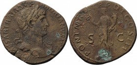 Hadrian (117-138). AE Sestertius, 119-120 AD. D/ IMP CAESAR TRAIAN HADRIANVS AVG. Laureate bust right, drapery on left shoulder. R/ PONT MAX TR POT CO...