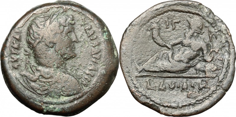 Hadrian (117-138). AE Drachm, Alexandria mint, Egypt. D/ Laureate, draped and cu...