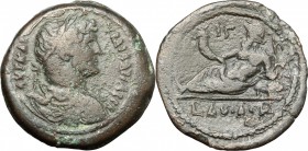 Hadrian (117-138). AE Drachm, Alexandria mint, Egypt. D/ Laureate, draped and cuirassed bust right. R/ Nilus reclining left on hippopotamus, holding r...