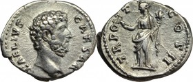 Aelius Caesar (136-138). AR Denarius, 137 AD. D/ L AELIVS CAESAR. Bust right, head bare. R/ TR POT COS II. Felicitas standing left, holding caduceus a...