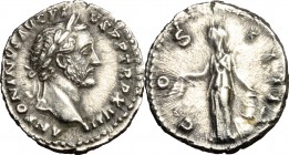 Antoninus Pius (138-161). AR Denarius, 154-155 AD. D/ ANTONINA AVG PIVS PP TR P XVIII. Laureate head right. R/ COS IIII. Annona standing left, holding...