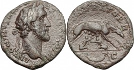 Antoninus Pius (138-161). AE As, 143-144 AD. D/ ANTONINVS AVG PIVS PP TR P COS III. Laureate head right. R/ IMPERATOR II/SC. She-wolf standing right, ...