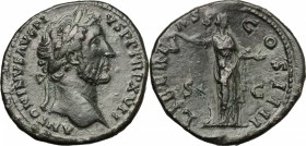Antoninus Pius (138-161). AE Sestertius, 153-154 AD. D/ ANTONINVS AVG PIVS PP TR P XVII. Laureate head right. R/ LIBERTAS COS IIII SC. Libertas standi...