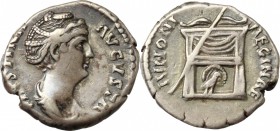 Faustina I, wife of Antoninus Pius (died 141 AD). AR Denarius, 139-141 AD. D/ FAVSTINA AVGVSTA. Draped bust right. R/ IVNONI REGINAE. Throne, against ...