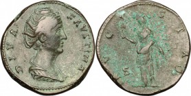 Faustina I, wife of Antoninus Pius (died 141 AD). AE Sestertius. Struck under Antoninus Pius, after 141 AD. D/ DIVA FAVSTINA. Diademed and draped bust...