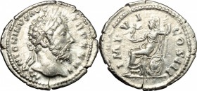 Marcus Aurelius (161-180). AR Denarius, 171-172 AD. D/ M ANTONINVS AVG TR P XXVI. Laureate head right. R/ IMP VI COS III. Roma seated left, holding Vi...