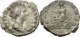 Faustina II, wife of Marcus Aurelius (died 176 AD). AR Denarius, Rome mint. D/ FAVSTINA AVG PII AVG FIL. Draped bust right. R/ CONCORDIA. Concordia se...