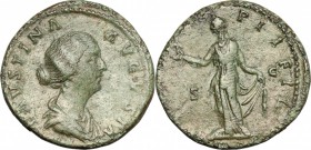 Faustina II, wife of Marcus Aurelius (died 176 AD). AE Sestertius, struck under Antoninus Pius. D/ FAVSTINA AVGVSTA. Draped bust right, hair waved and...