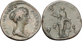 Faustina II, wife of Marcus Aurelius (died 176 AD). AE Sestertius, struck under Antoninus Pius, circa 147-150. D/ FAVSTINAE AVG PII AVG FIL. Draped bu...