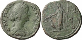 Faustina II (died 176 AD.). AE Sestertius. D/ FAVSTINA AVGVSTA. Bust right. R/ IVNO SC. Iuno standing left, holding patera and sceptre; at feet, peaco...