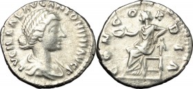 Lucilla, wife of Lucius Verus (died 183 AD). AR Denarius. D/ LVCILLAE AVG ANTONINI AVG F. Draped bust right. R/ CONCORDIA. Concordia seated left, hold...
