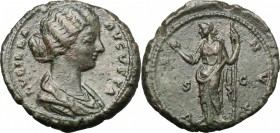 Lucilla, wife of Lucius Verus (died 183 AD). AE As, 164-167 AD. D/ LVCILLA AVGVSTA. Draped bust right. R/ VENVS SC. Venus standing left, holding scept...