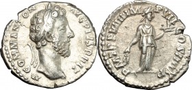 Commodus (177-192). AR Denarius, 184 AD. D/ M COMM ANTON AVG PIVS BRIT. Laureate head right. R/ PM TR P VIIII IMP VII COS IIII PP. Fides standing righ...
