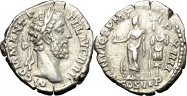 Commodus (177-192). AR Denarius, 188-189 AD. D/ M COMM ANT P FEL AVG BRIT. Laureate head right. R/ MIN VICT PM TR P XIIII COS V PP. Minerva standing l...