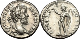 Septimius Severus (193-211). AR Denarius, 197 AD. D/ L SEPT SEV PERT AVG IMP VIIII. Laureate head right. R/ PM TR P V COS II PP. Sol standing left, ra...