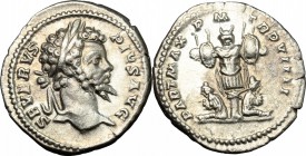 Septimius Severus (193-211). AR Denarius, 201 AD. D/ SEVERVS PIVS AVG. Laureate head right. R/ PART MAX PM TR P VIIII. Trophy and two captives. RIC 17...