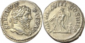 Septimius Severus (193-211). AR Denarius, 209 AD. D/ SEVERVS PIVS AVG. Laureate head right. R/ P M TR P XVIII COS III P P. Jupiter standing left, hold...