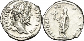 Septimius Severus (193-211). AR Denarius, 201-202 AD. D/ SEVERVS PIVS AVG. Laureate head right. R/ FVNDATOR PACIS. Septimius, veiled, standing left, h...