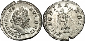 Septimius Severus (193-211). AR Denarius, 210-211 AD. D/ SEVERVS PIVS AVG BRIT. Laureate head right. R/ VICTORIAE BRIT. Victory advancing right, holdi...
