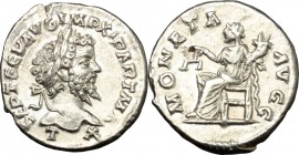 Septimius Severus (193-211). AR Denarius, Laodicea mint, 198-202 AD. D/ L SEPT SEV AVG IMP XI PART MAX. Laureate head right. R/ MONETA AVGG. Moneta se...