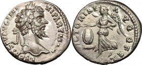 Septimius Severus (193-211). AR Denarius, Laodicea mint. D/ L SEPT SEV AVG IMP XI PART MAX. Laureate head right. R/ VICTORIAE AVGG FEL. Victory advanc...
