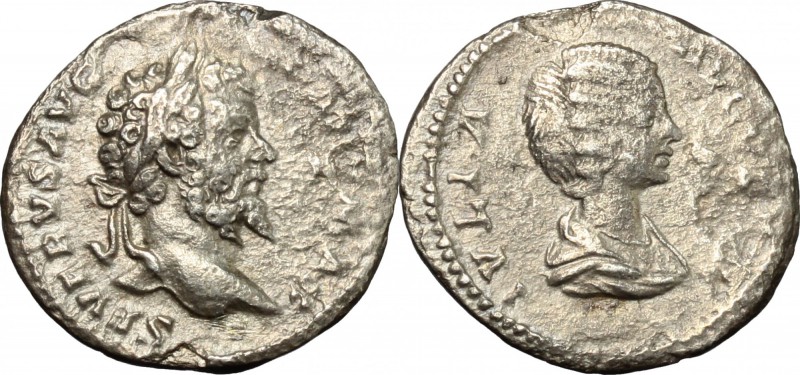 Septimius Severus (193-211) with Julia Domna. AR Denarius, 200-201 AD. D/ SEVERV...