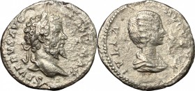 Septimius Severus (193-211) with Julia Domna. AR Denarius, 200-201 AD. D/ SEVERVS AVG PART MAX. Laureate head of Septimius Severus right. R/ IVLIA AVG...