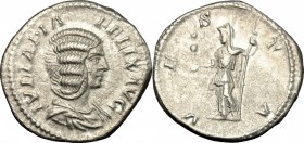Julia Domna, wife of Septimius Severus (died 217 AD). AR Denarius. D/ IVLIA PIA FELIX AVG. Draped bust right. R/ VESTA. Vesta standing left, holding p...