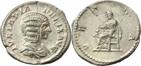 Julia Domna, wife of Septimius Severus (died 217 AD). AR Denarius, 211-217 AD. D/ IVLIA PIA FELIX AVG. Draped bust right. R/ VESTA. Vesta, seated left...