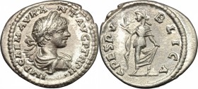 Caracalla (198-217). AR Denarius, 199 AD. D/ IMP CAE M AVR ANT AVG P TR P II. Laureate, draped and cuirassed bust right. R/ SPES PVBLICA. Spes advanci...