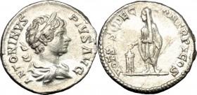 Caracalla (198-217). AR Denarius, 202 AD. D/ ANTONINVS PIVS AVG. Laureate and draped bust right. R/ VOT SVSC DEC PON TR P V COS. Caracalla standing le...