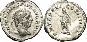 Caracalla (198-217). AR Denarius, 213 AD. D/ ANTONINVS PIVS AVG BRIT. Laureate head right. R/ PM TR P XVI COS IIII PP. Serapis, wearing polos, standin...