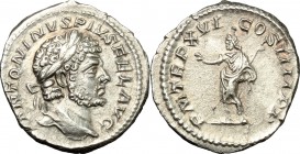 Caracalla (198-217). AR Denarius, 213 AD. D/ ANTONINVS PIVS FEL AVG. Laureate head right. R/ PM TR P XVI COS IIII PP. Serapis, wearing polos, standing...