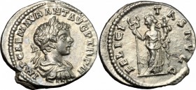 Caracalla (198-217). AR Denarius, Laodicea mint, 199 AD. D/ IMP CAE M AVR ANT ANT P TR P II. Laureate, draped and cuirassed bust right. R/ FELICITAS A...