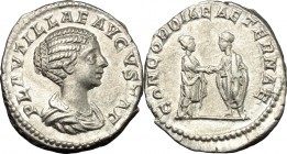 Plautilla, wife of Caracalla (died 212 AD). AR Denarius. D/ PLAVTILLAE AVGVSTAE. Draped bust right. R/ CONCORDIAE AETERNAE. Caracalla standing left, c...