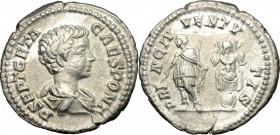 Geta as Caesar (198-209). AR Denarius, 200-202 AD. D/ P SEPT GETA CAES PONT. Bare-headed and draped bust right. R/ PRINC IVVENTVTIS. Geta standing lef...