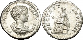 Geta as Caesar (198-209). AR Denarius, Rome mint. D/ P SEPT GETA CAES PONT. Bare-headed, draped and cuirassed bust right. R/ SECVRIT IMPERII. Securita...