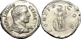 Geta as Caesar (198-209). AR Denarius, 203-208 AD. D/ P SEPTIMIVS GETA CAES. Bare-headed and draped bust right. R/ PONTIF COS. Minerva standing left, ...