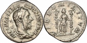 Macrinus (217-218). AR Denarius. D/ IMP C M OPEL SEV MACRINVS AVG. Laureate, draped and cuirassed bust right. R/ FIDES MILITVM. Fides standing facing,...