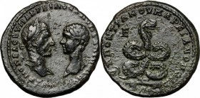 Macrinus with Diadumenian (217-218). AE Pentassarion, Marcianopolis mint, Moesia Inferior. Pontianus, legatus consularis. D/ Laureate head of Macrinus...